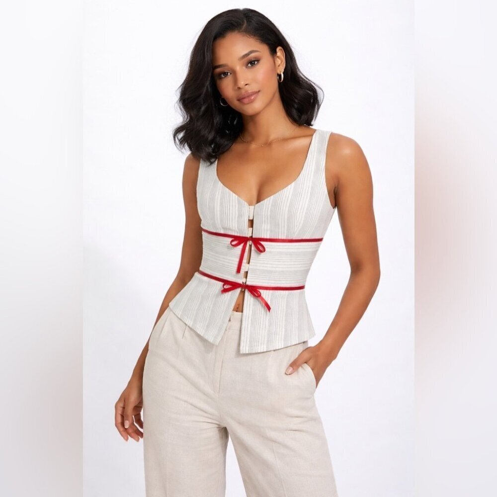 Zino Jordan White Pinstripe Linen Vest Red Tie Detail Size 48 EU Chic Top